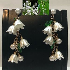 Lily of the Valley Dainty Gold and Pearl Handmade Dangle Earrings, Flower Beads